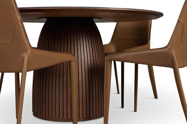 Wayne Two-tone Stone Round Table & 4 Brown Upholstered Chairs