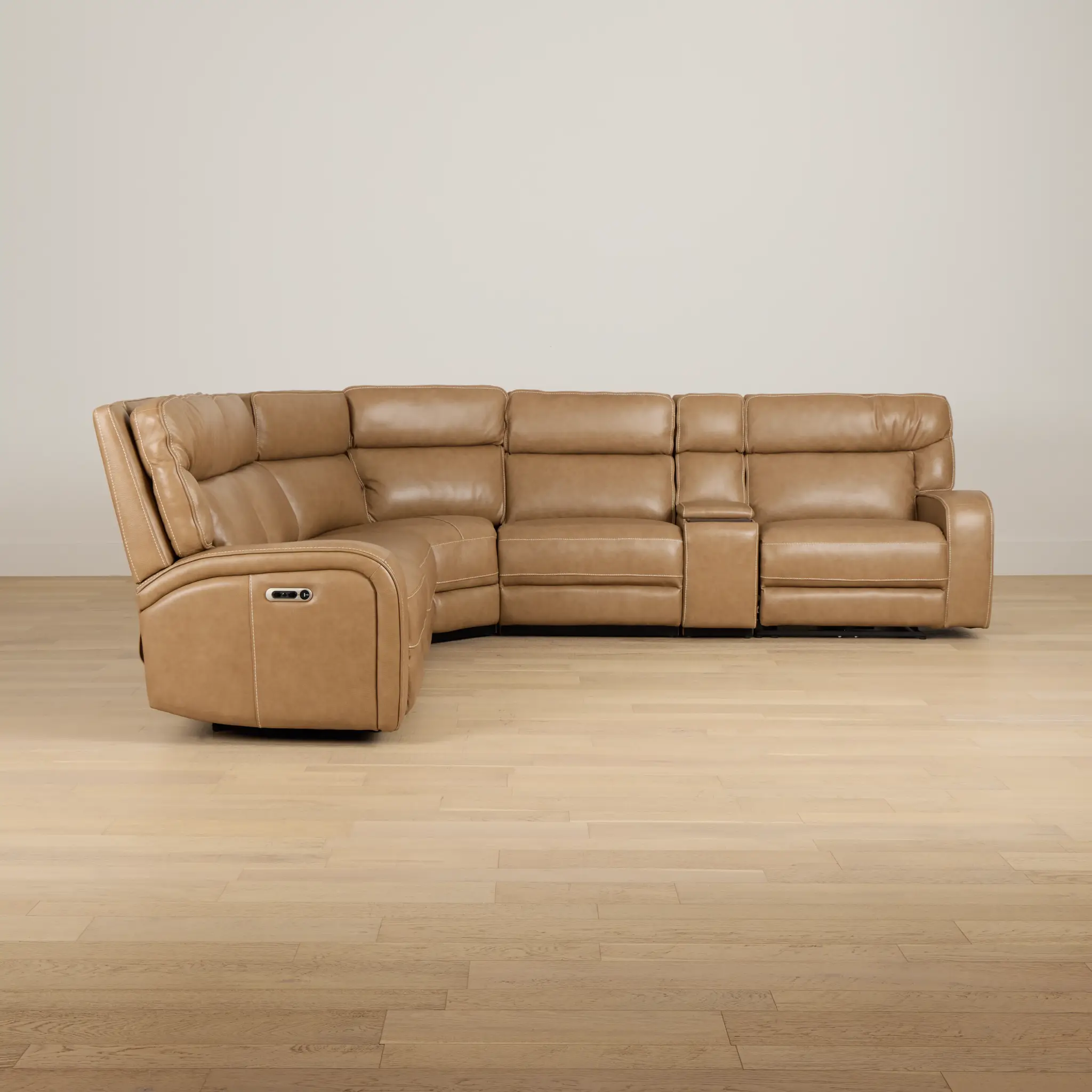 Jasper Light Brown Leather Medium Dual Power 2-arm Reclining Sectional Jasper Light Brown Leather Medium Dual Power 2-arm Reclining Sectional