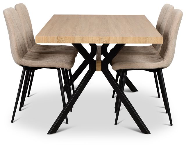 Lynden Light Tone Rect Table With 4 Beige Upholstered Side Chairs
