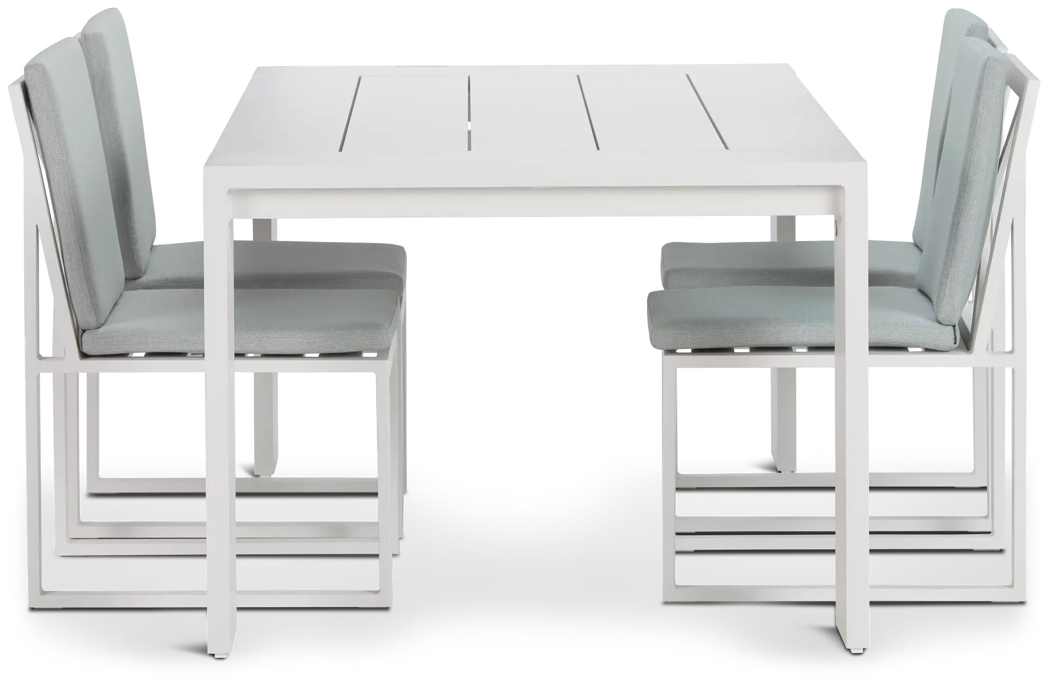 Linear White Teal 70" Aluminum Table & 4 Cushioned Side Chairs Linear White Teal 70" Aluminum Table & 4 Cushioned Side Chairs