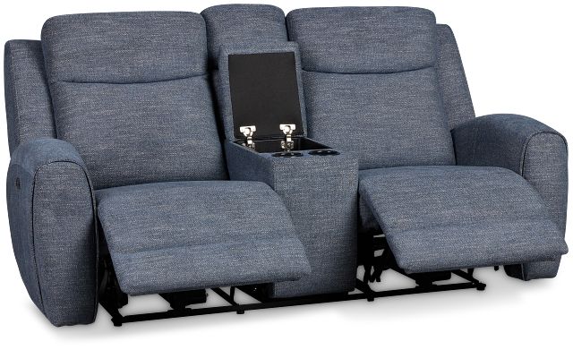 Walker Blue Fabric Reclining Console Loveseat
