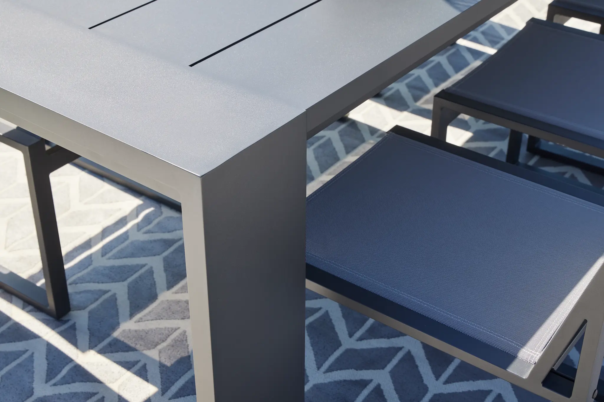 Linear 87" Dk Gray Aluminum Table & 4 Sling Side Chairs Linear 87" Dk Gray Aluminum Table & 4 Sling Side Chairs