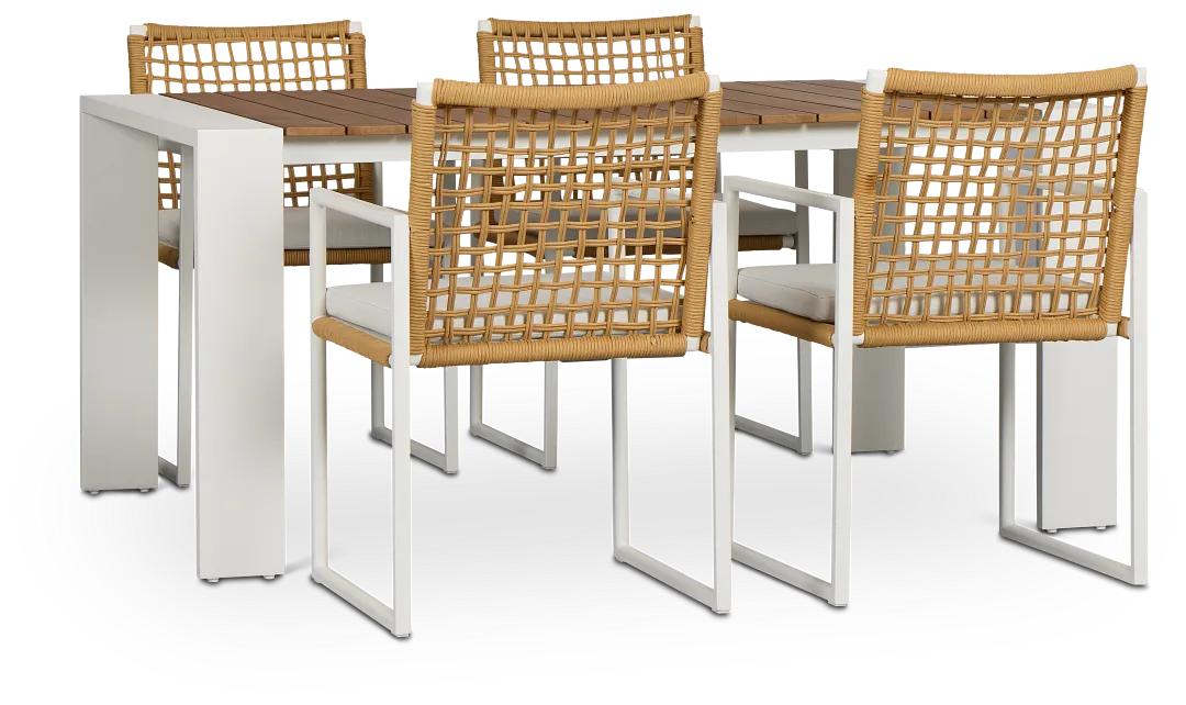 Sunrise White Teak Rectangular Table & 4 Aluminum Arm Chairs