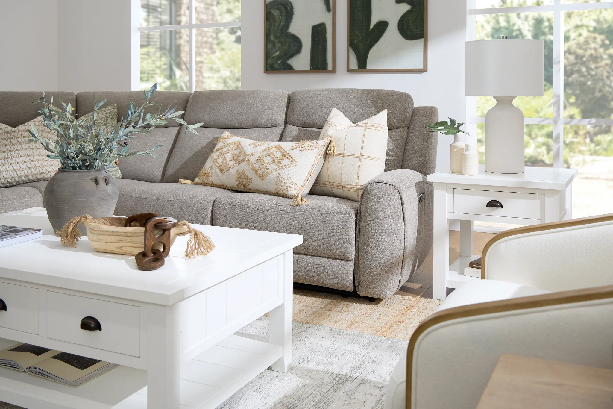 Walker Beige Fabric Medium Triple Power 2-arm Sectional