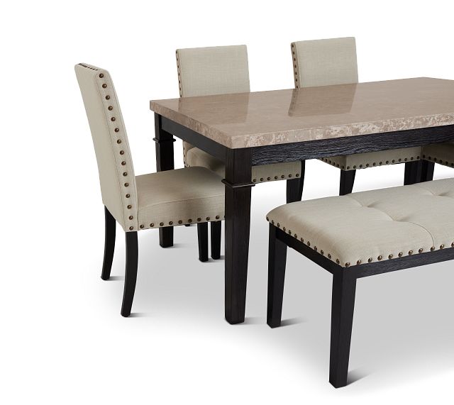 Portia Dark Tone Marble Table, 4 Chairs & Bench (8)