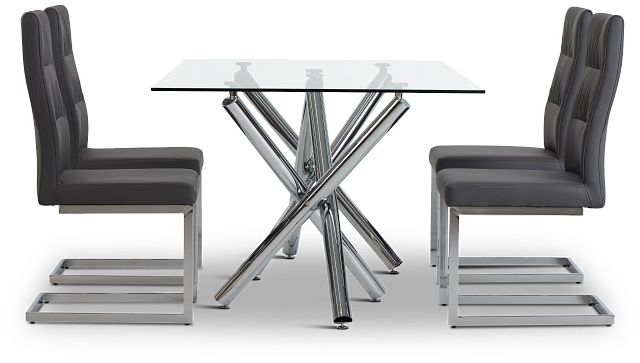 Quincy Glass Gray Table & 4 Upholstered Chairs