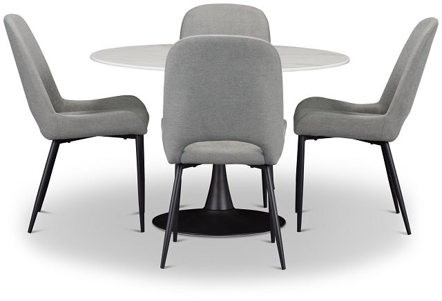 Brela White Round Table & 4 Gray Upholstered Chairs