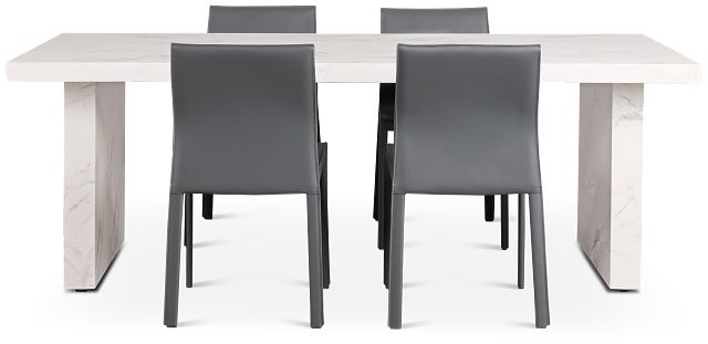 Viscaya White Rect Table & 4 Gray Upholstered Chairs