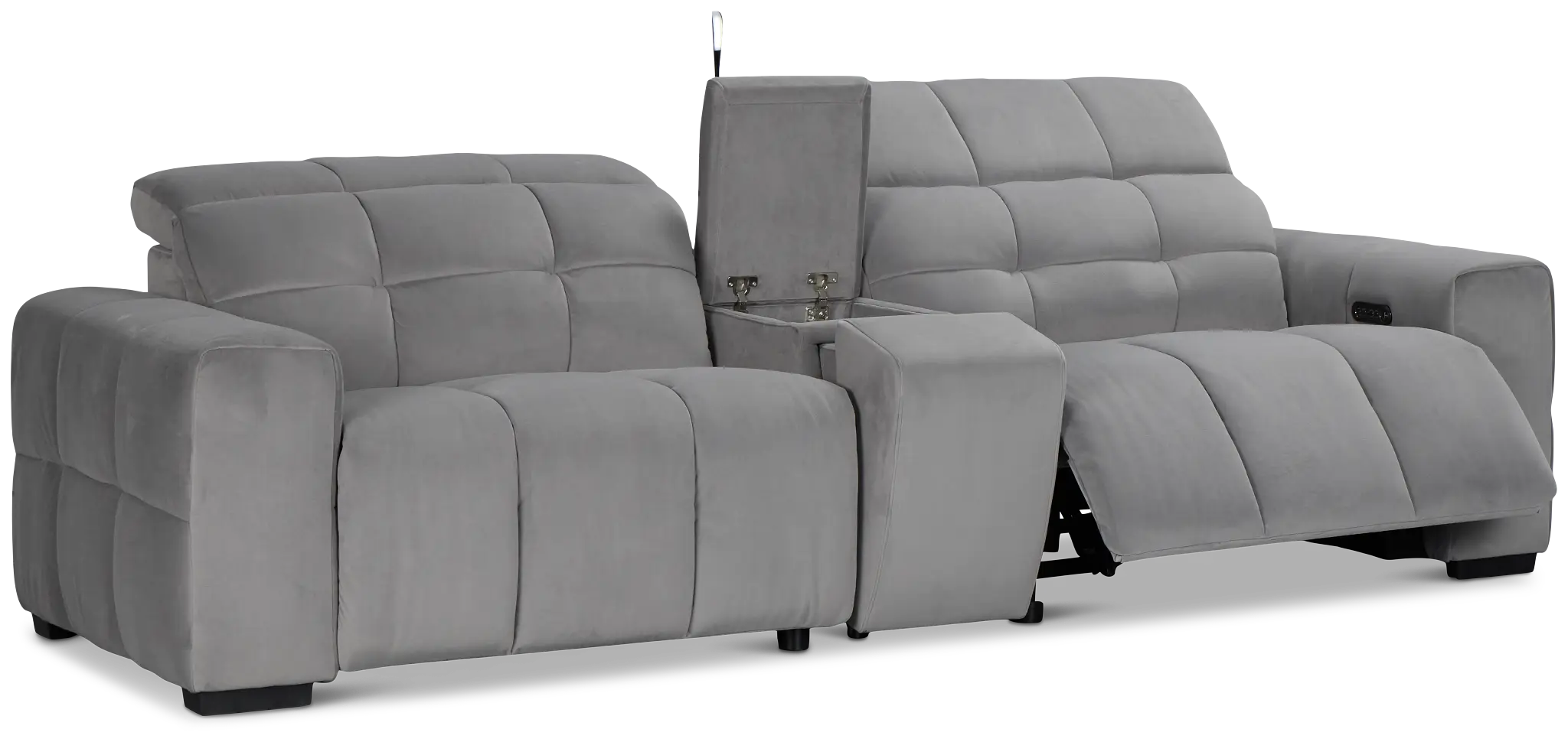 Gemma Light Gray Velvet Power Reclining Console Sofa Gemma Light Gray Velvet Power Reclining Console Sofa