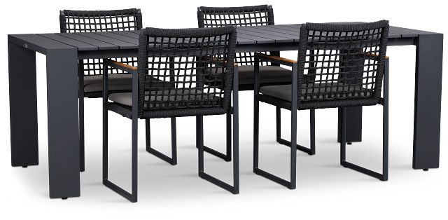 Sunrise Dark Gray 86" Rectangular Table & 4 Teak Arm Chairs
