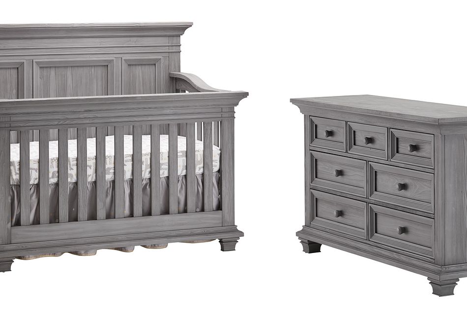 gray crib and dresser set