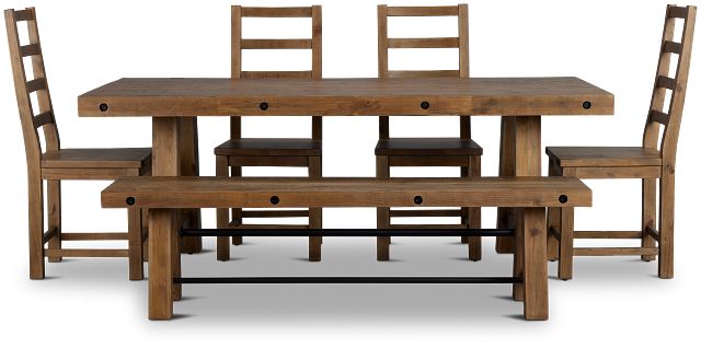 Maxton Mid Tone Rectangular Table With 4 Side Chairs & Bench