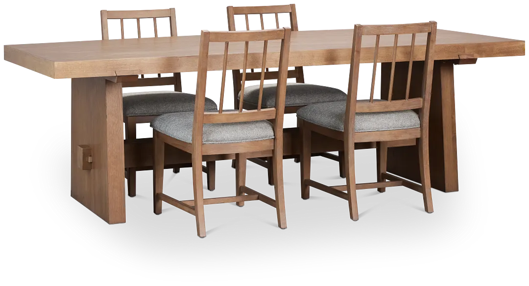 Provo Mid Tone Trestle Table & 4 Gray Upholstered Chairs