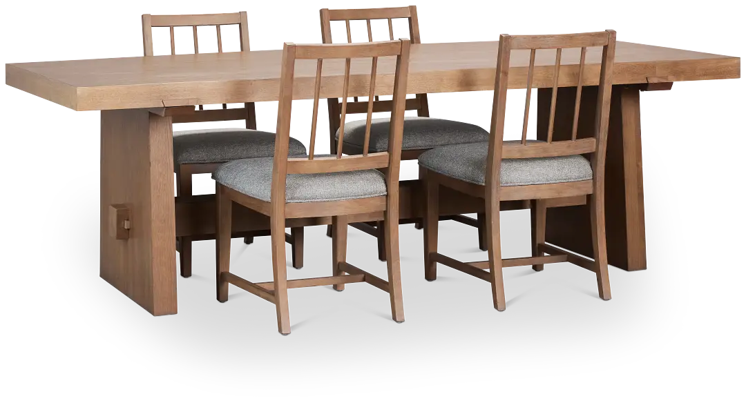 Provo Mid Tone Trestle Table & 4 Gray Upholstered Chairs Provo Mid Tone Trestle Table & 4 Gray Upholstered Chairs