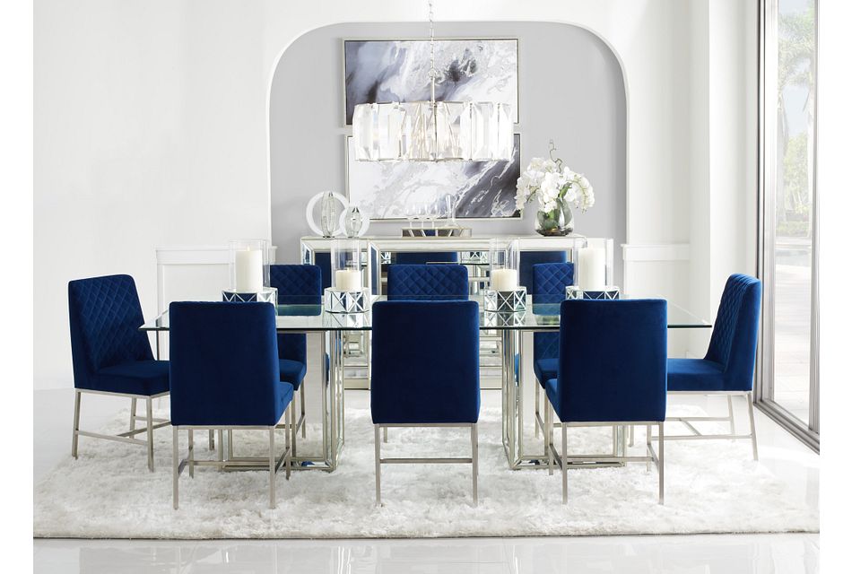 Monroe Dark Blue Glass Table & 4 Velvet Chairs