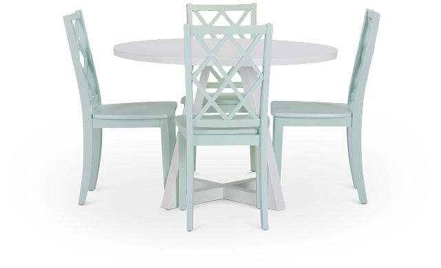 Edgartown White Round Table & 4 Light Blue Wood Chairs