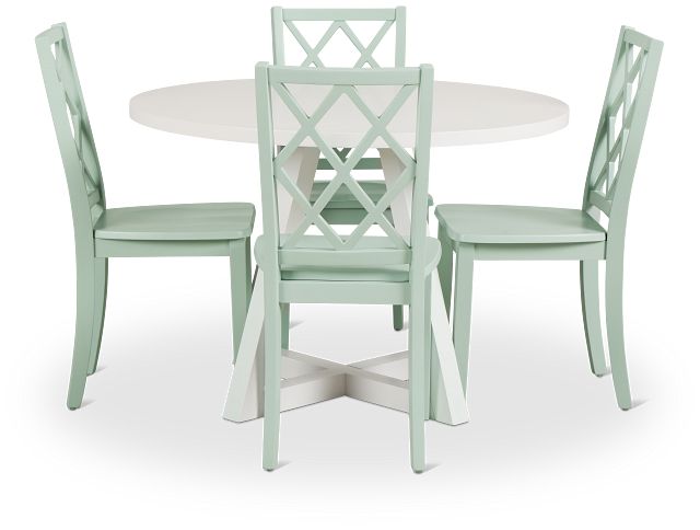 Edgartown White Round Table & 4 Light Blue Wood Chairs