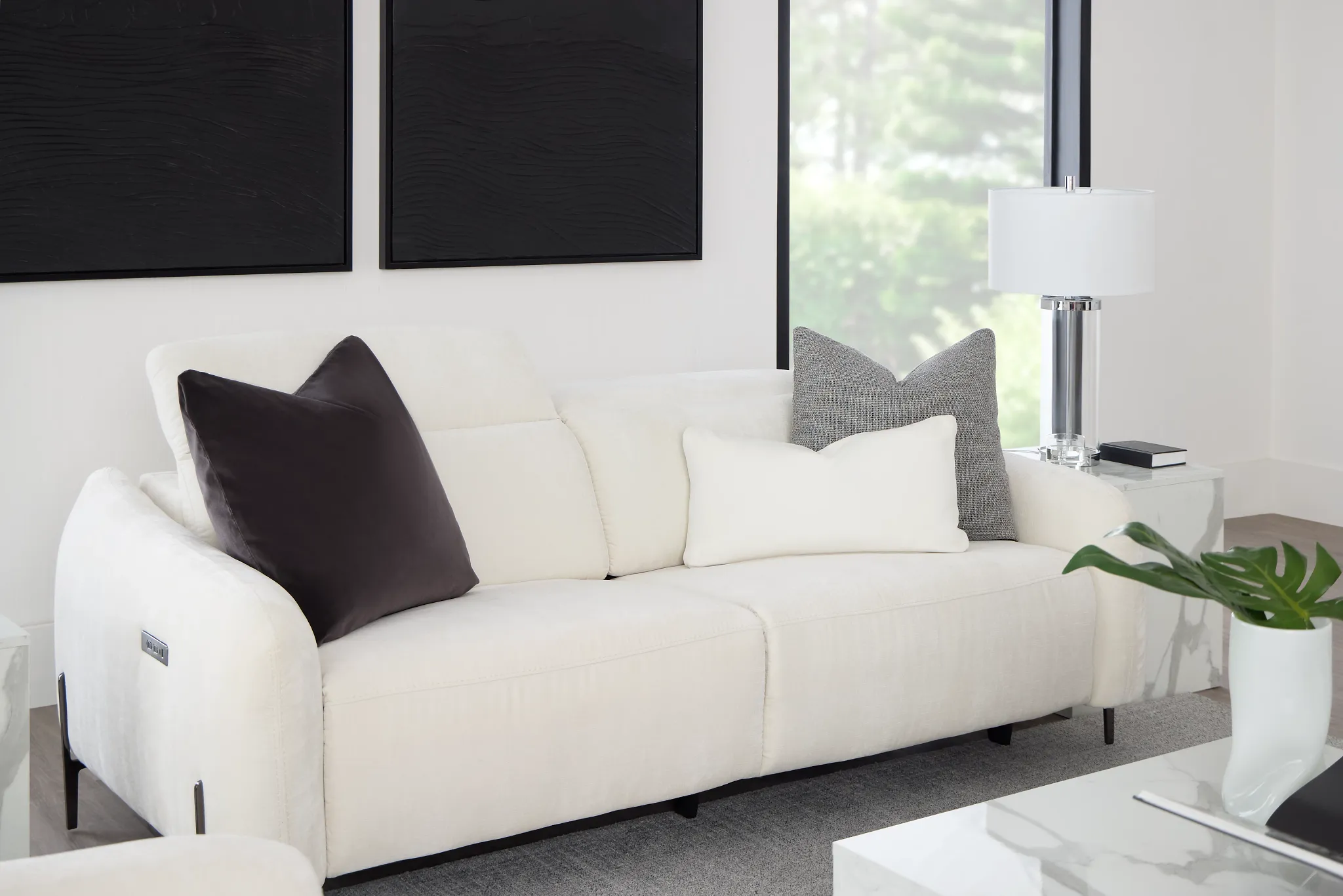 Zuri White Velvet Power Reclining Sofa W/ Power Headrest