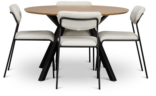 Lynden Light Tone Round Table & 4 White Metal Upholstered Side Chairs