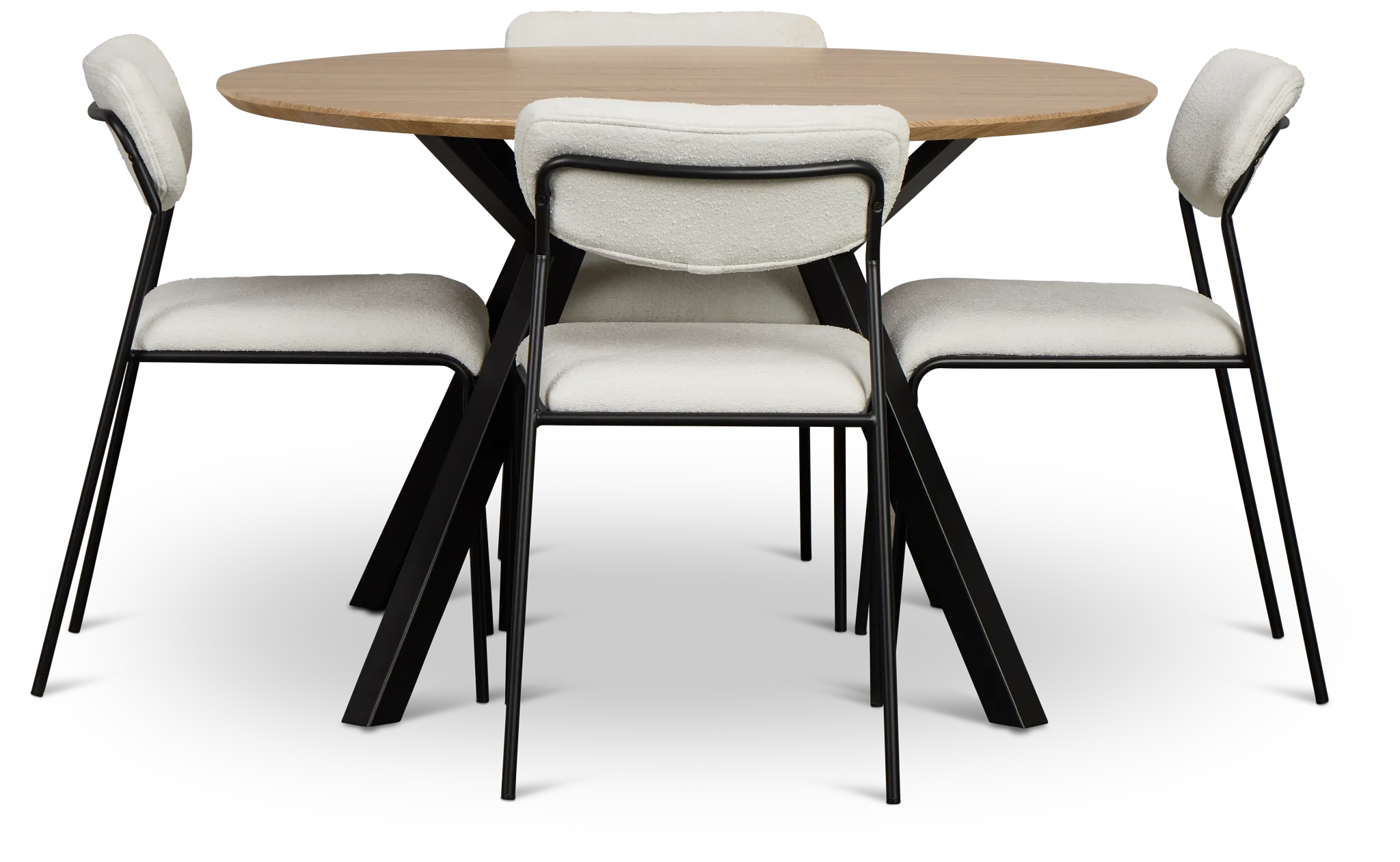 Lynden Light Tone Round Table & 4 White Metal Upholstered Side Chairs