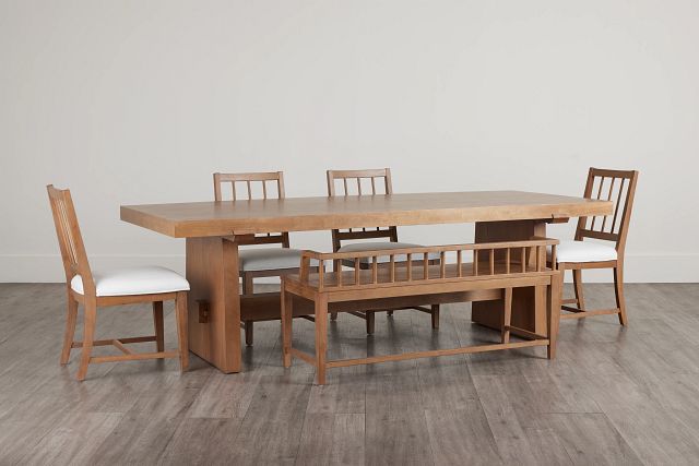 Provo Mid Tone Trestle Table, 4 White Chairs & Bench