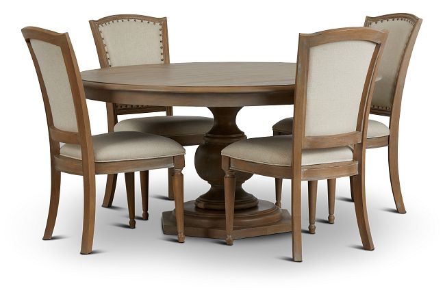 Haddie Light Tone Round Table & 4 Wood Chairs
