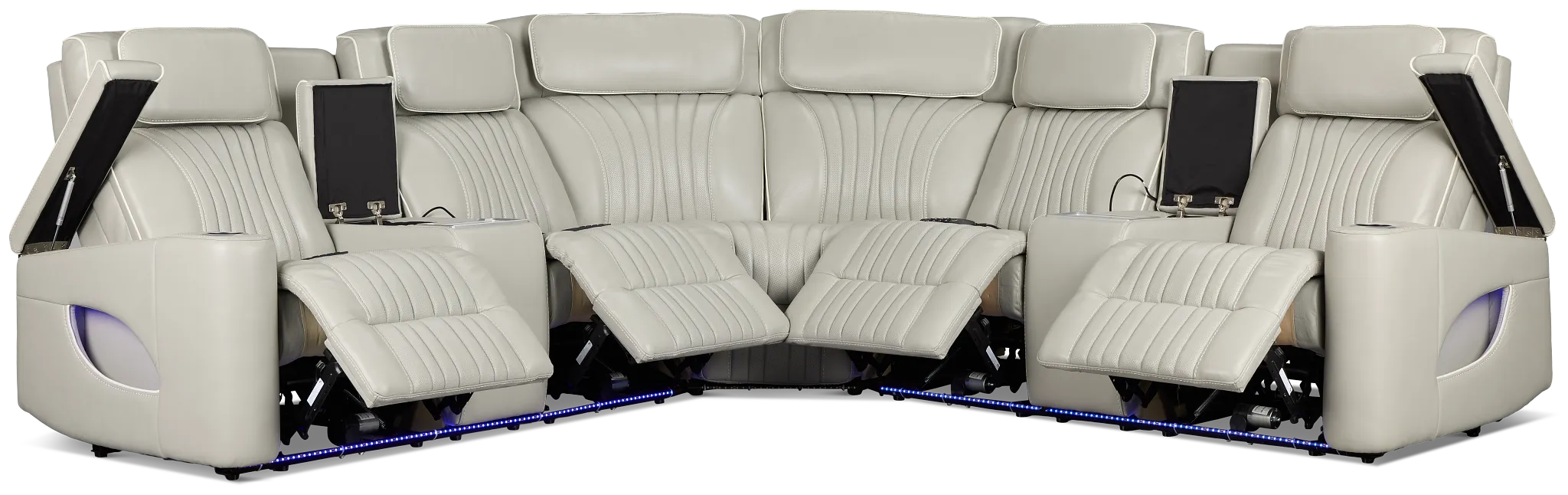 Nova Light Gray Lthr/vinyl Medium 2-arm Quadruple Power Massage Sectional