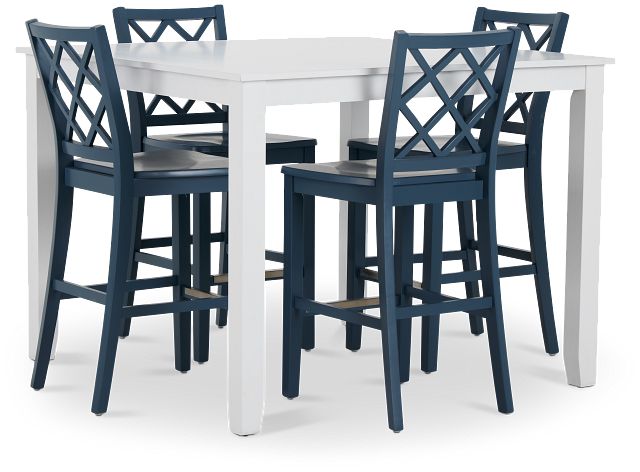 Edgartown White Square High Table & 4 Navy Wood Barstools