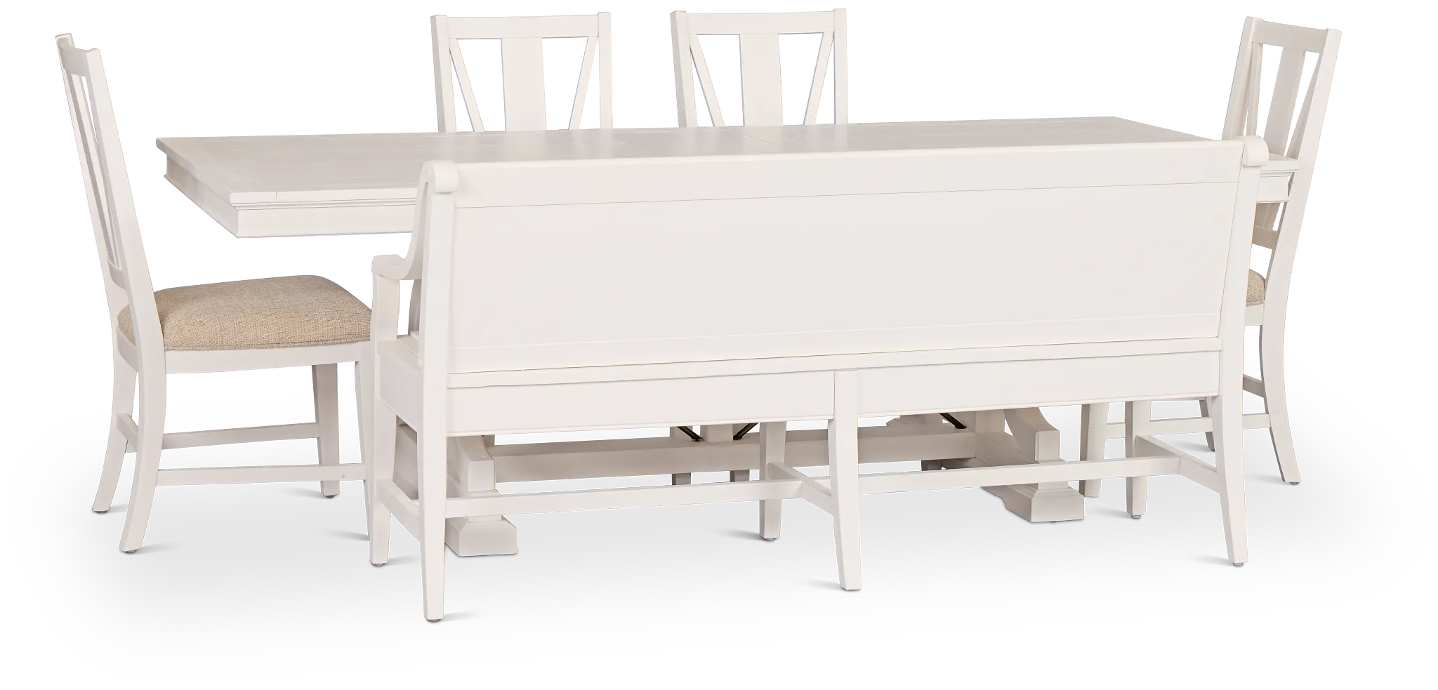 Heron Cove White Trestle Table, 4 Chairs & Bench