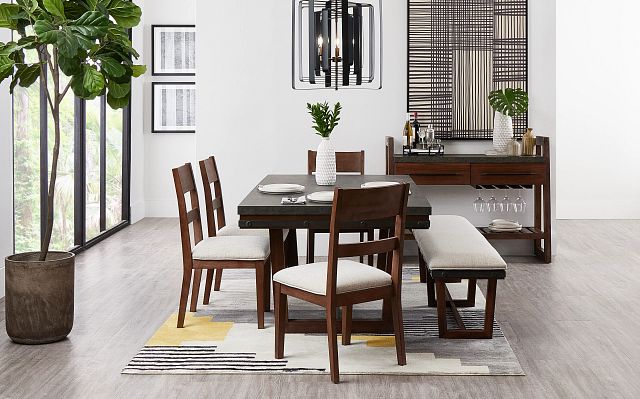 Forge Dark Tone Rect Table, 4 Chairs & Bench