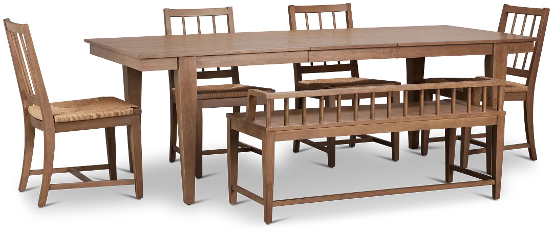 Provo Mid Tone Rect Table, 4 Woven Chairs & Bench
