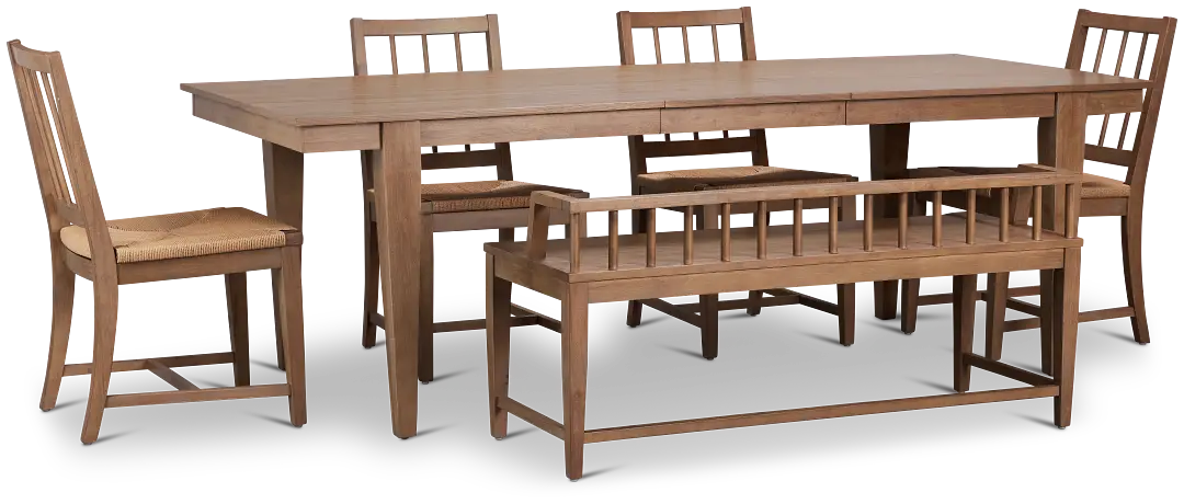 Provo Mid Tone Rect Table, 4 Woven Chairs & Bench Provo Mid Tone Rect Table, 4 Woven Chairs & Bench