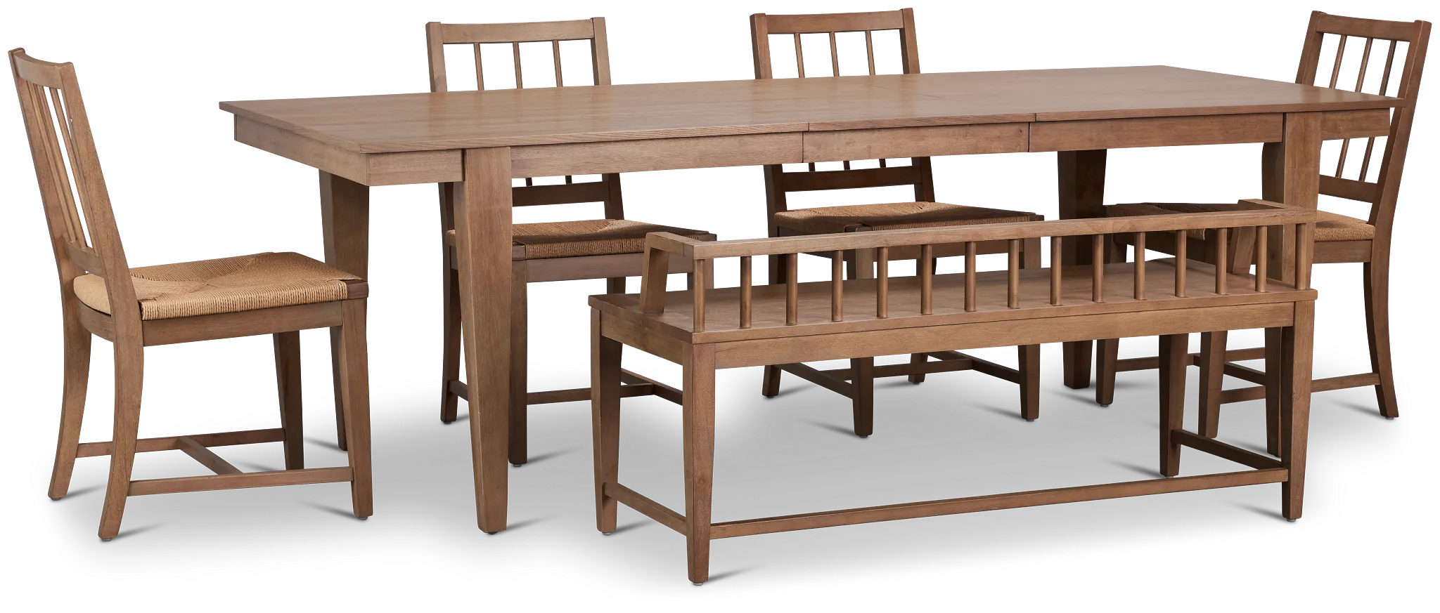 Provo Mid Tone Rect Table, 4 Woven Chairs & Bench