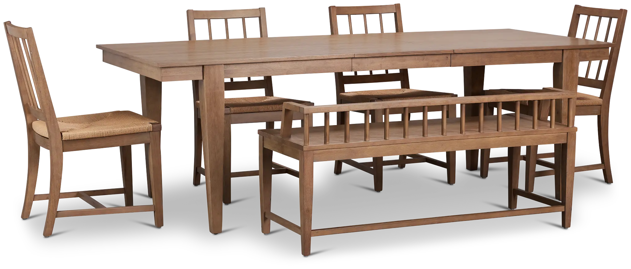 Provo Mid Tone Rect Table, 4 Woven Chairs & Bench Provo Mid Tone Rect Table, 4 Woven Chairs & Bench