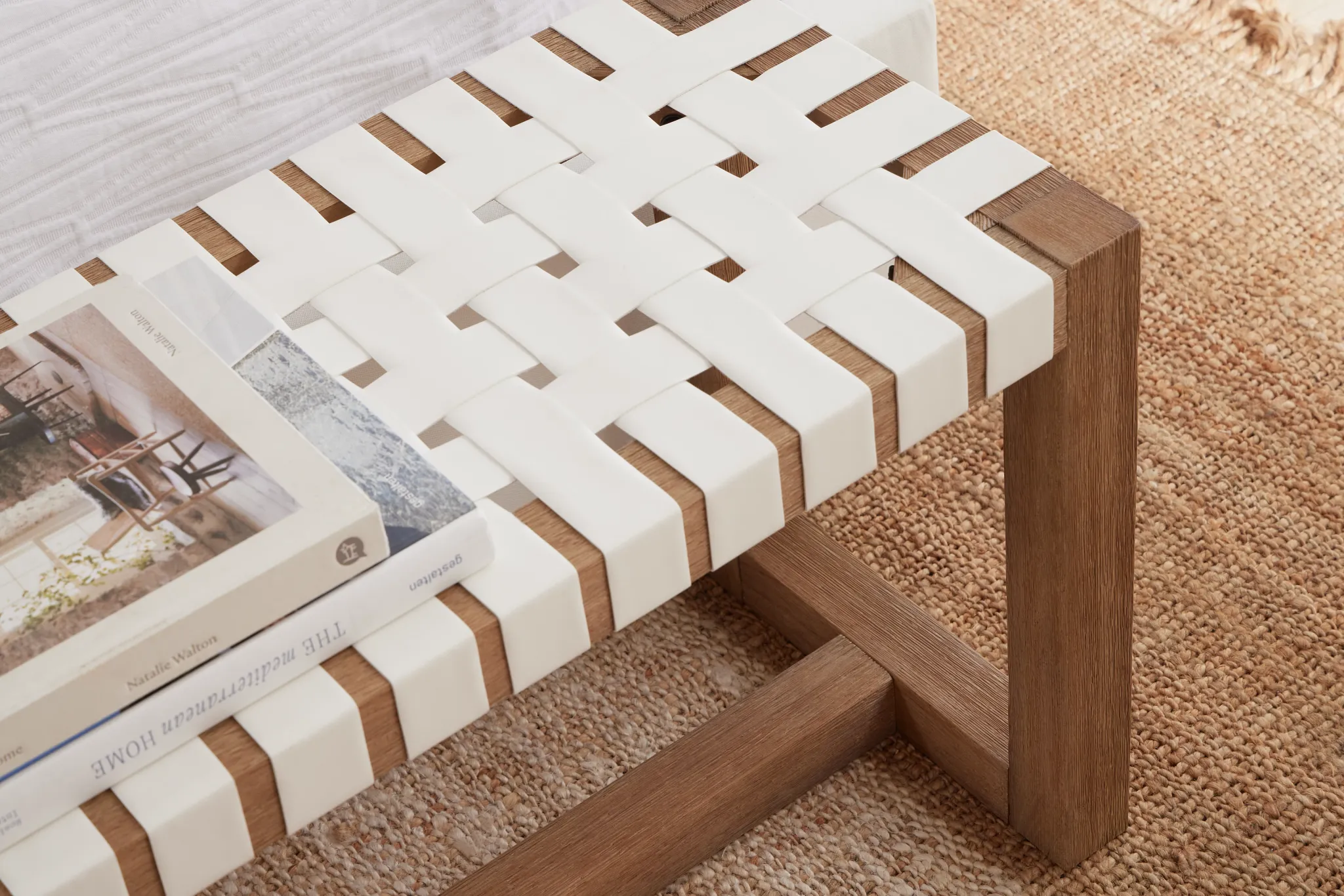 Haven White Woven Upholstered Dining Bench