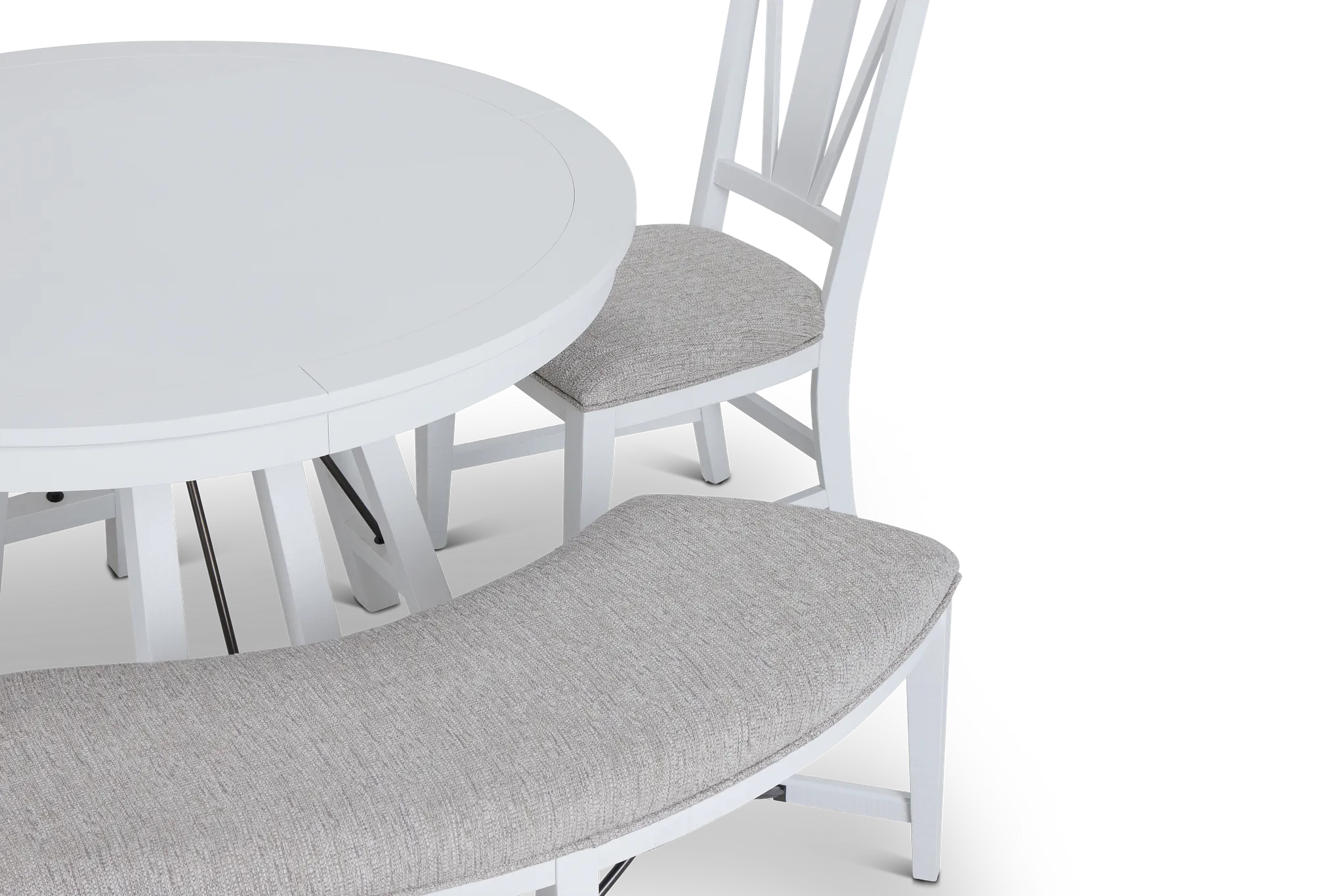 Heron Cove White Round Table, 3 Chairs & Bench