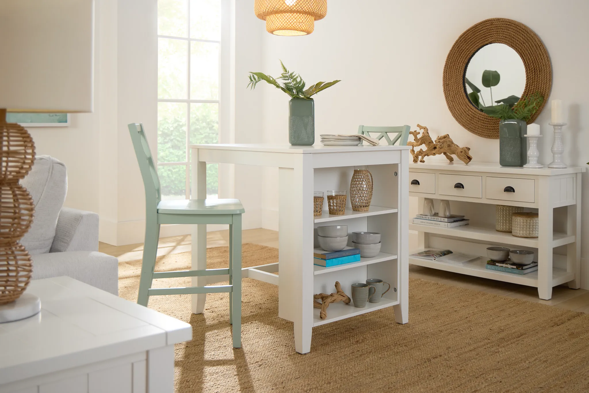Edgartown White Storage High Table & 2 Light Blue Wood Barstools