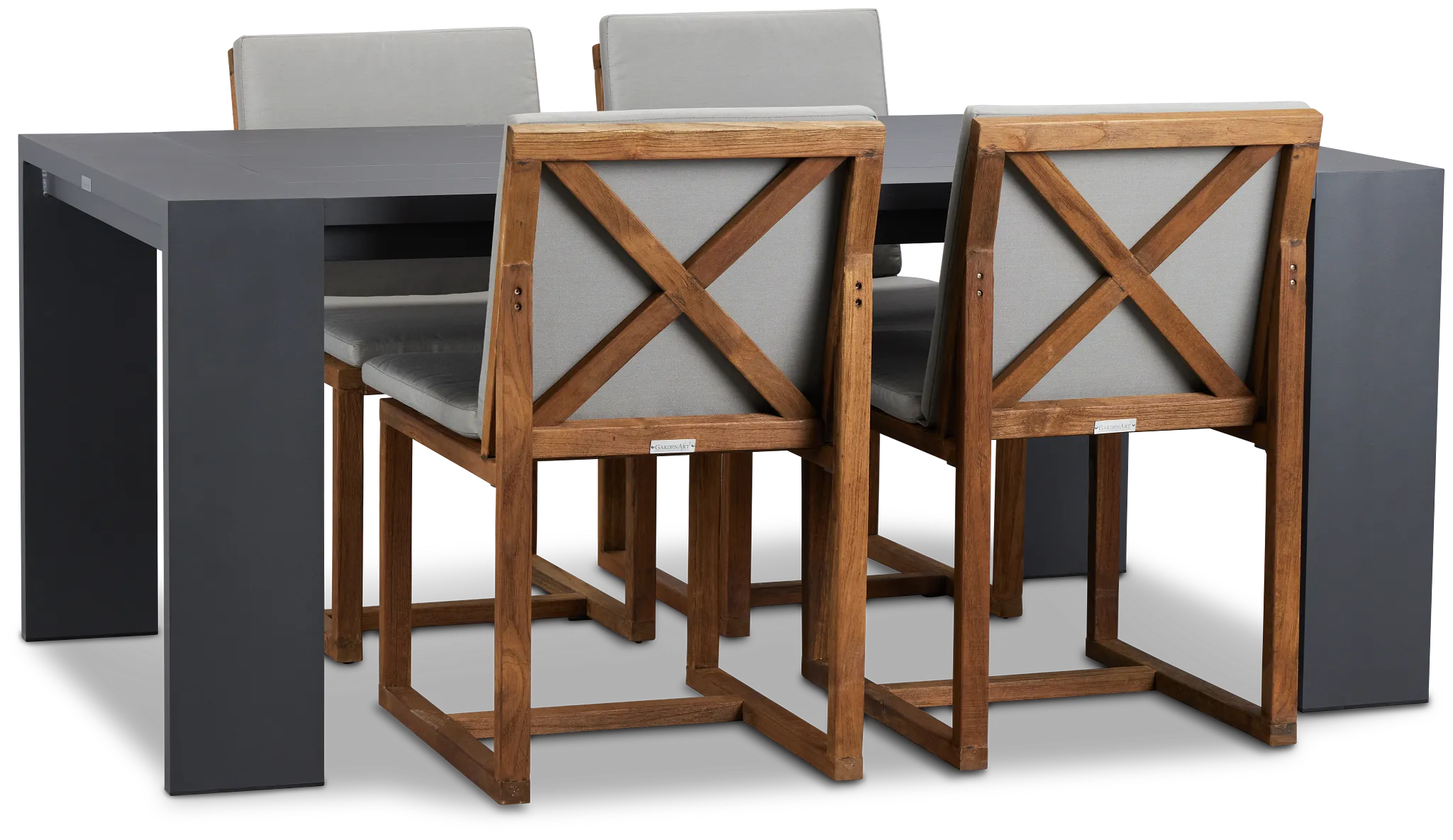 Linear Dark Gray 70" Aluminum Table & 4 Teak Cushioned Side Chairs