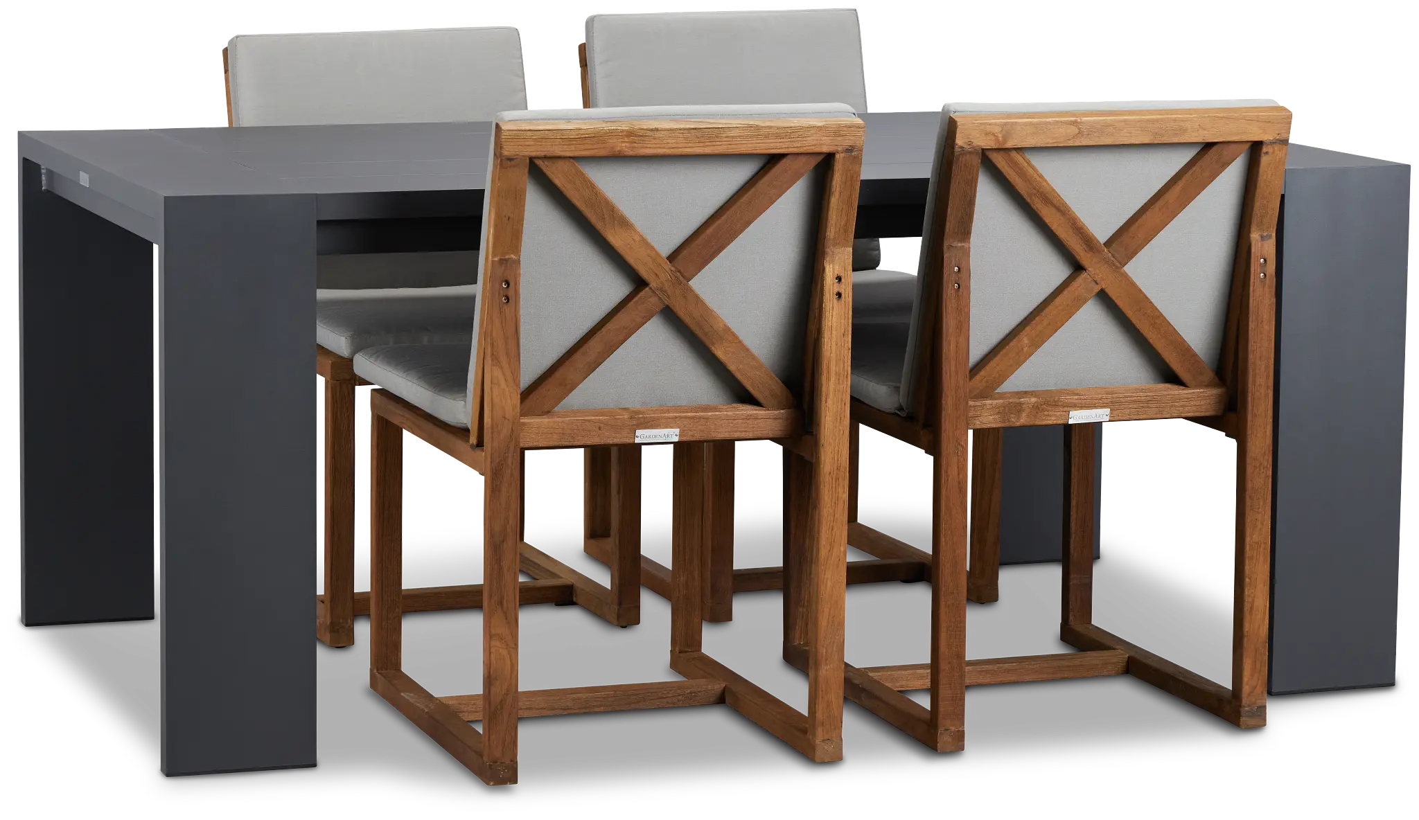 Linear Dark Gray 70" Aluminum Table & 4 Teak Cushioned Side Chairs Linear Dark Gray 70" Aluminum Table & 4 Teak Cushioned Side Chairs
