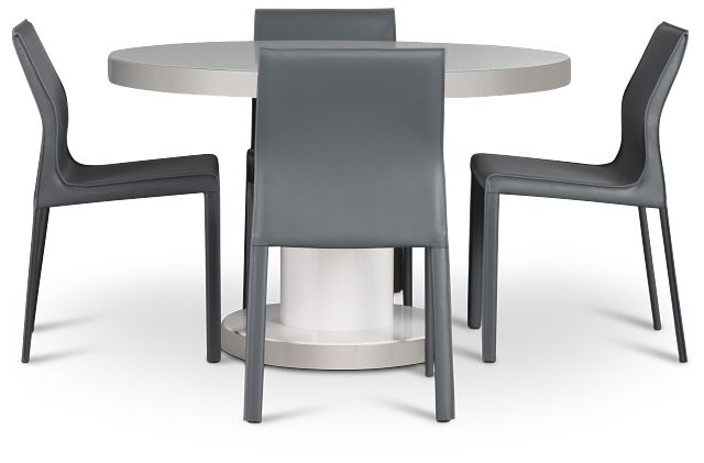 Miami White 47" Round Table & 4 Upholstered Chairs