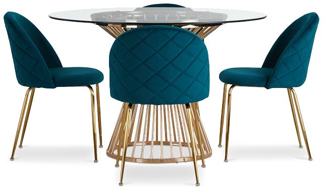 Munich Gold Glass Table & 4 Dark Teal Upholstered Chairs (3)