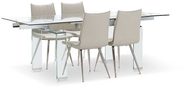 Wynwood Glass Rect Table & 4 Light Taupe Upholstered Chairs