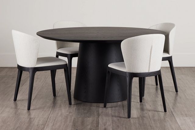 Nomad Black 59" Round Table & 4 Light Beige Chairs W/ Black Legs