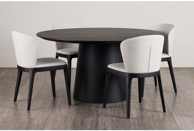 Nomad Black 59" Round Table & 4 Light Beige Chairs W/ Black Legs