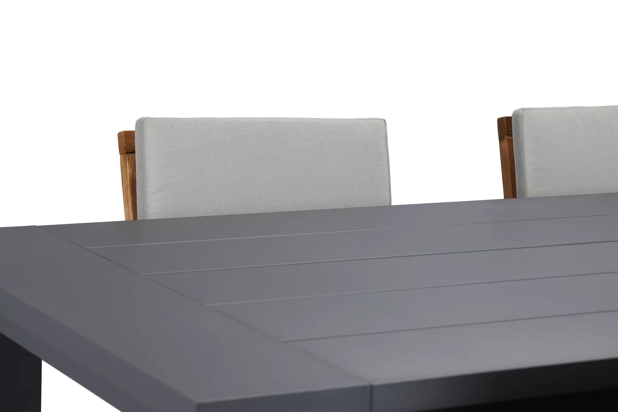 Linear Dark Gray 87" Aluminum Table & 4 Teak Cushioned Side Chairs