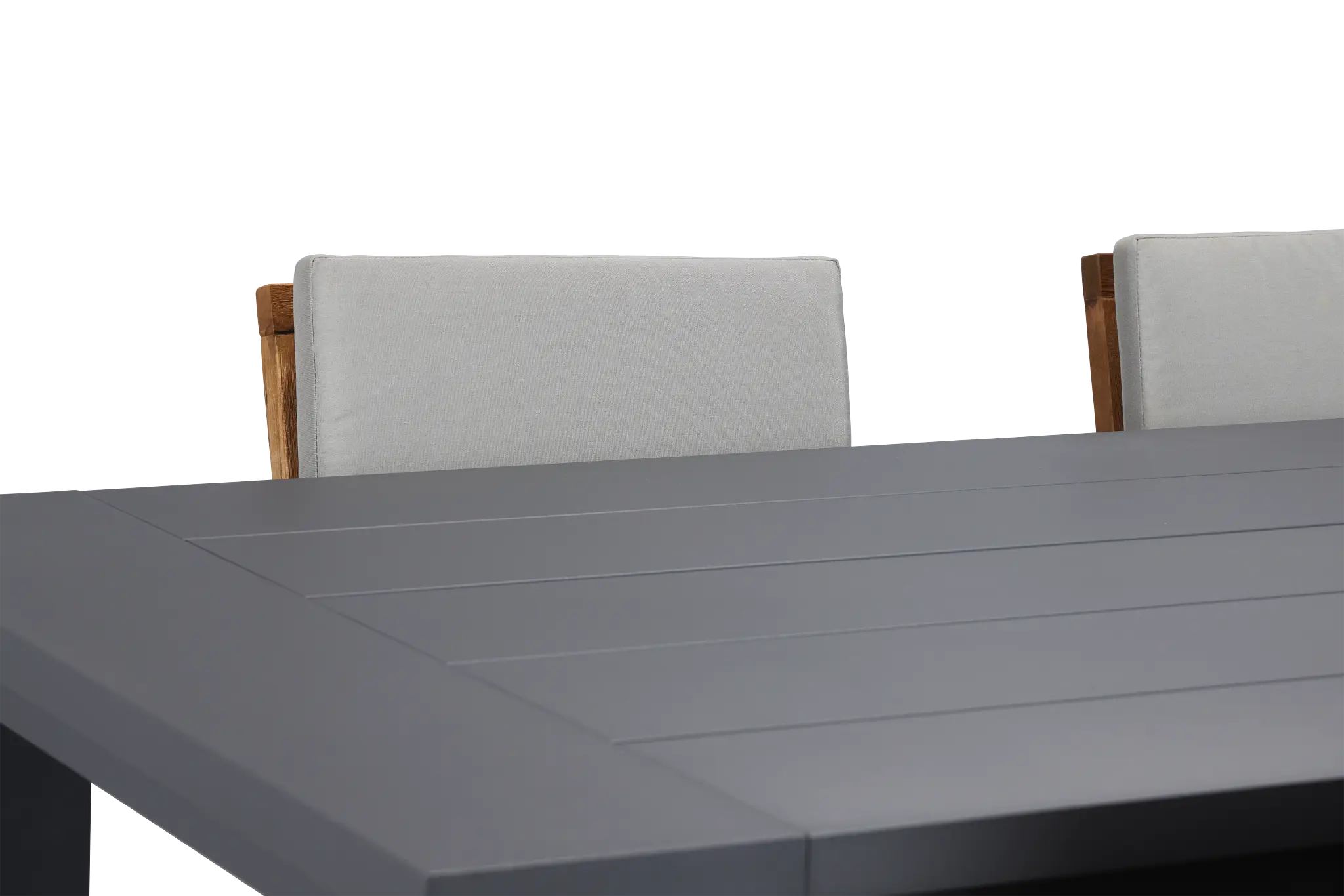 Linear Dark Gray 87" Aluminum Table & 4 Teak Cushioned Side Chairs Linear Dark Gray 87" Aluminum Table & 4 Teak Cushioned Side Chairs