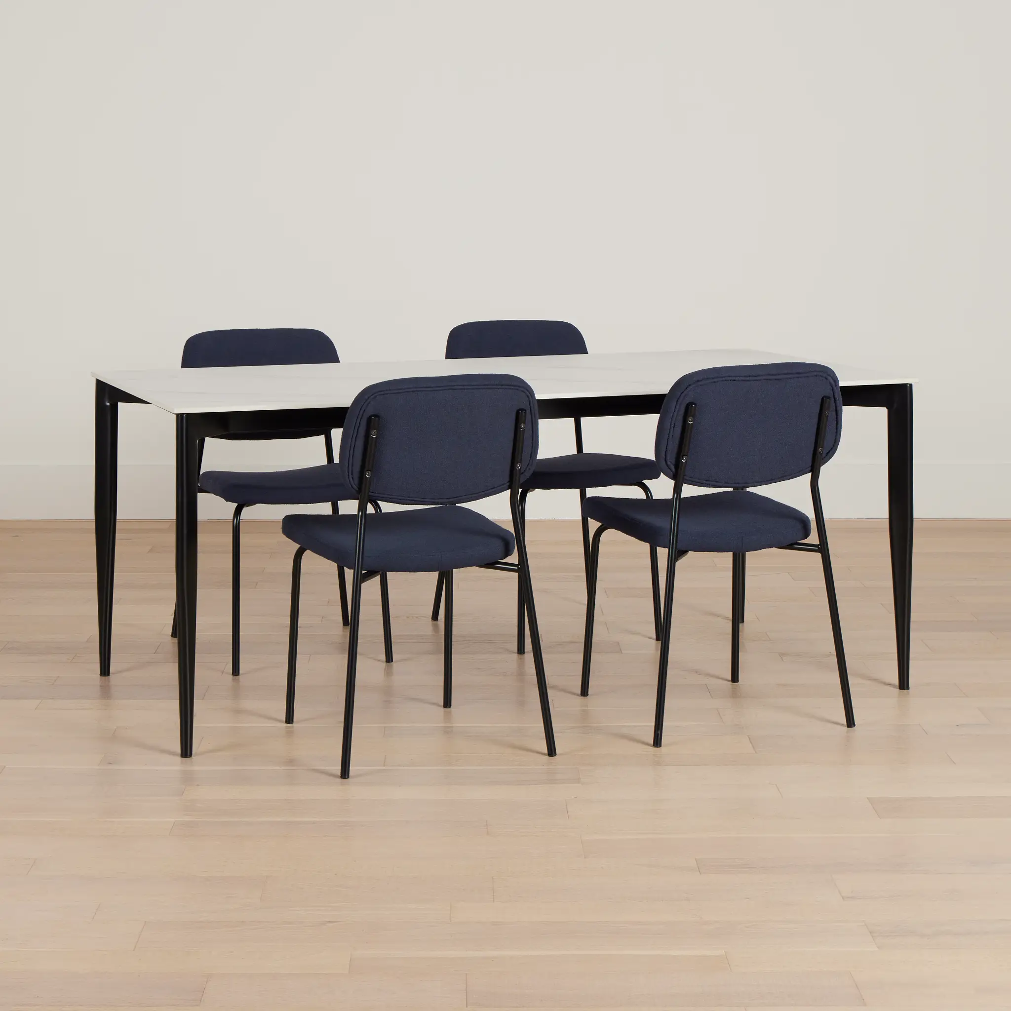 Andover White Rect Table & 4 Dark Blue Upholstered Chairs Andover White Rect Table & 4 Dark Blue Upholstered Chairs