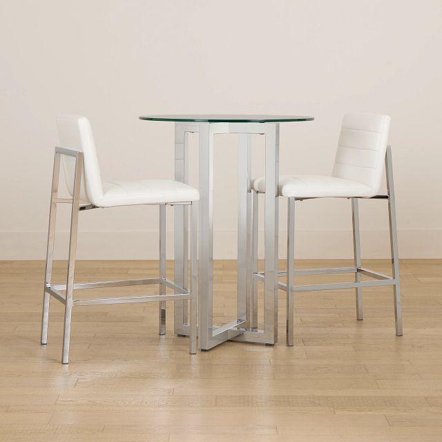 Amalfi White Glass Pub Table & 2 Upholstered Barstools
