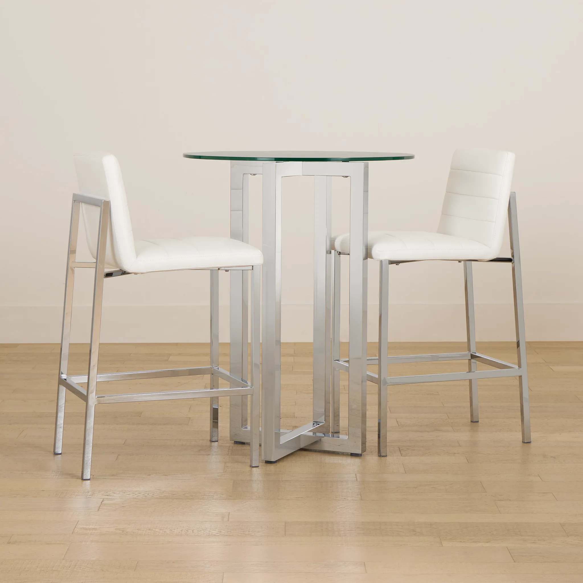 Amalfi White Glass Pub Table & 2 Upholstered Barstools