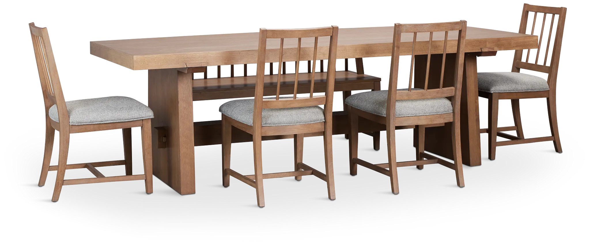 Provo Mid Tone Trestle Table, 4 Gray Chairs & Bench